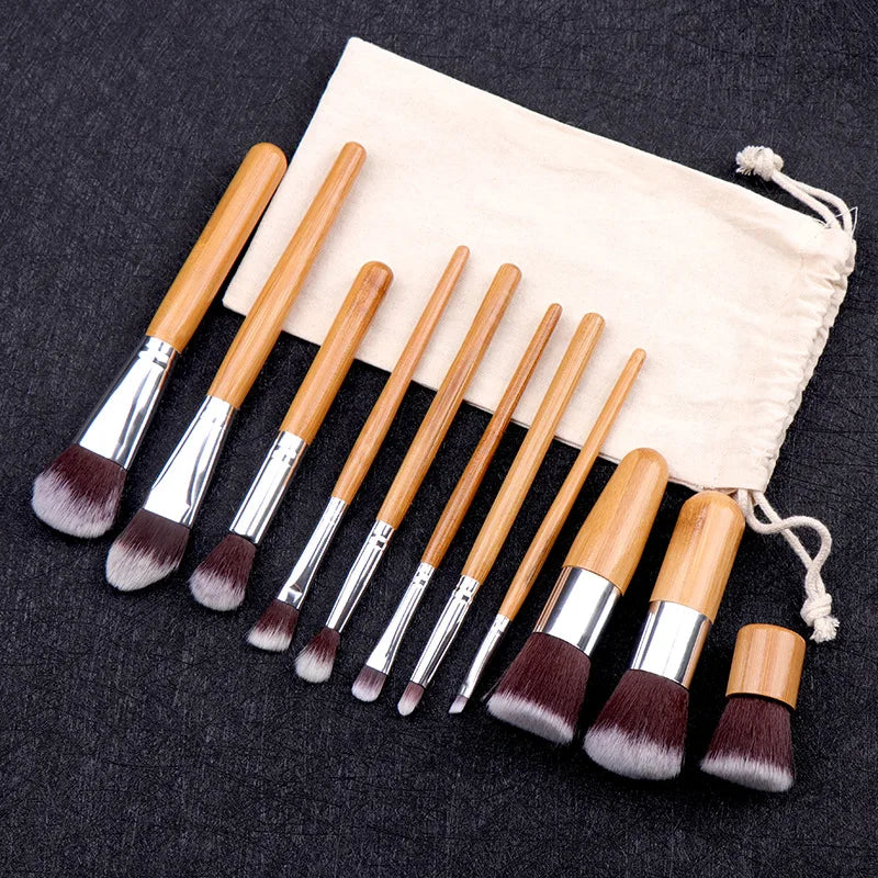 Natural Bamboo Handle Makeup Brush Set 11 Pcs Foundation Blending
