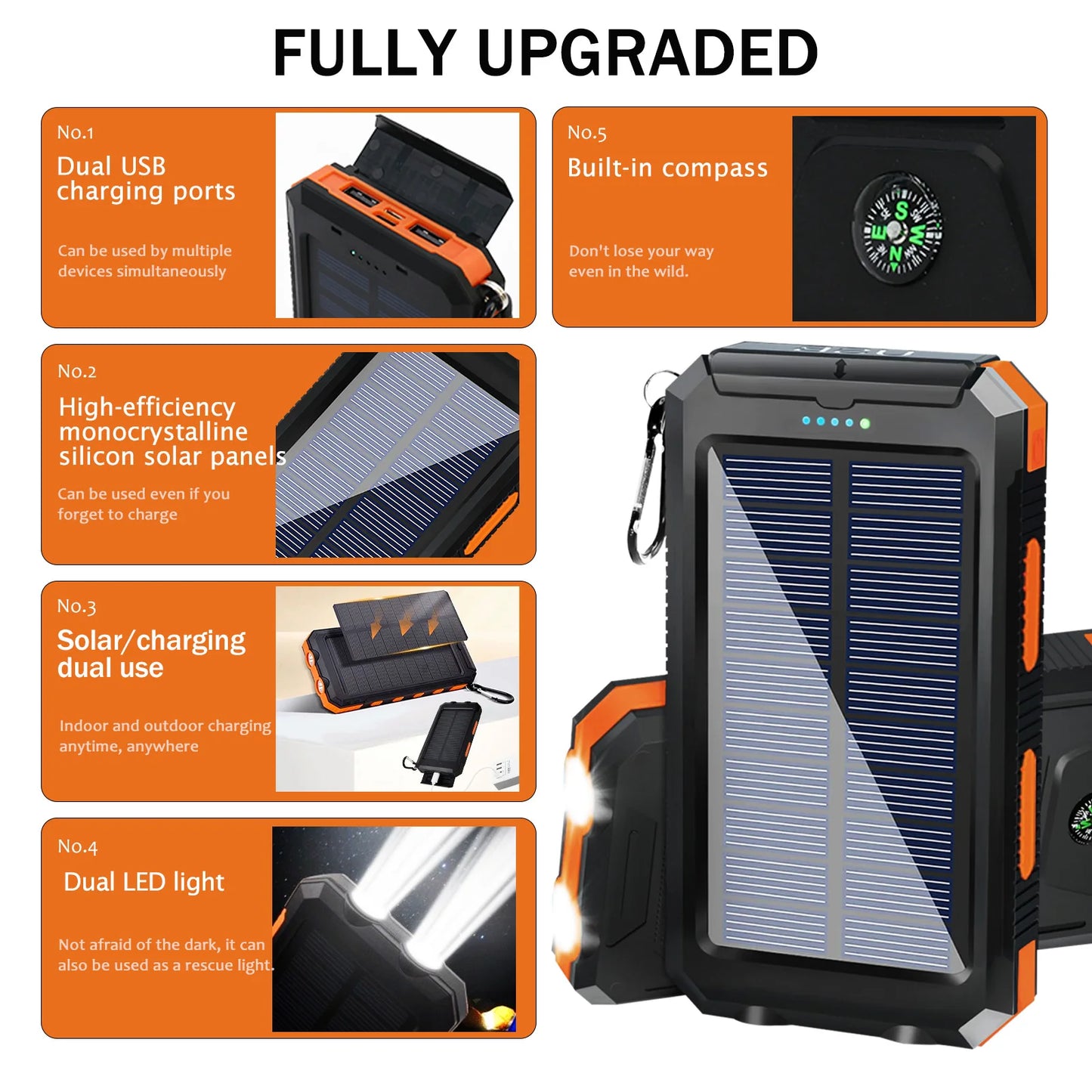 Solar Power Bank Portable Solar Charger Waterproof LED Flashlight