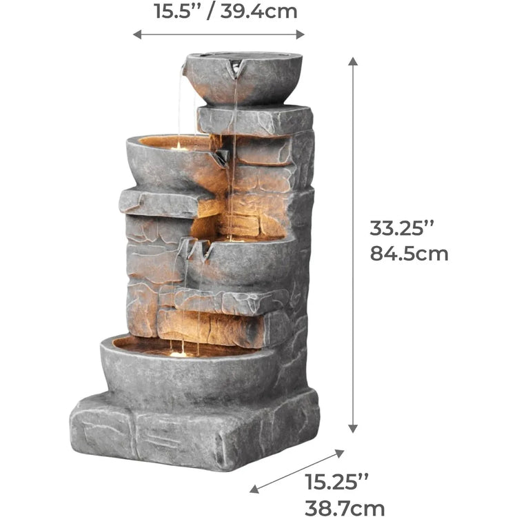Cascading Bowls and Stacked Stones LED Outdoor Water Fountain by Home for Health and Beauty