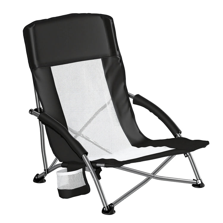 Camping Beach Chair Portable Lightweight Low Mesh Back Padded Armrests Folding Beach Chair with Cup Holder Storage Pocket for Camp Picnic Lawn by Home for Health and Beauty