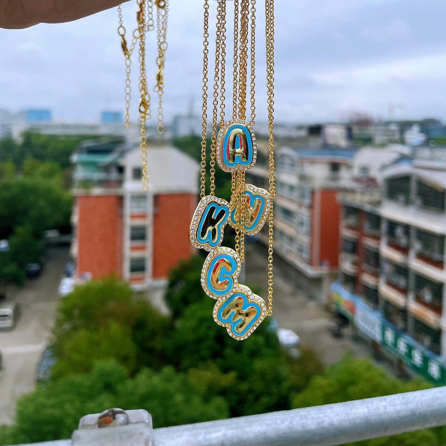Custom Enamel Bubble Letter Necklace With Zirconia Name Pendant