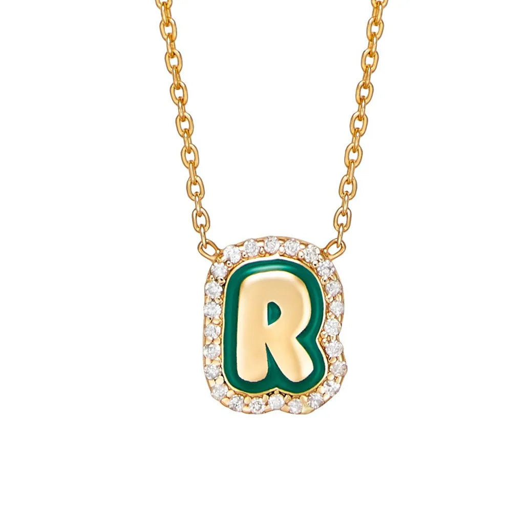 Custom Enamel Bubble Letter Necklace With Zirconia Name Pendant