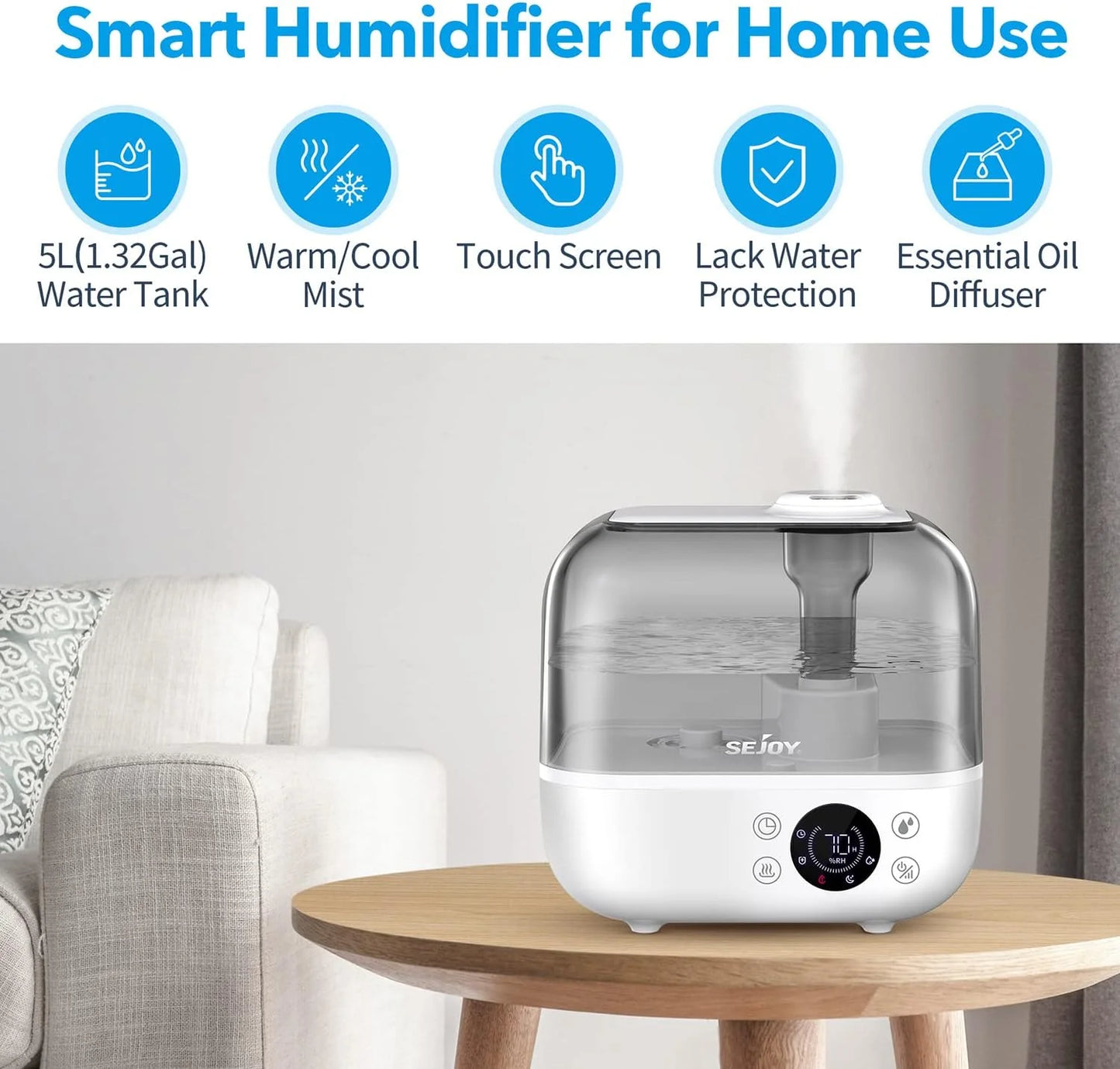 Sejoy Ultrasonic Cool Mist Humidifier Quiet Operation Timer