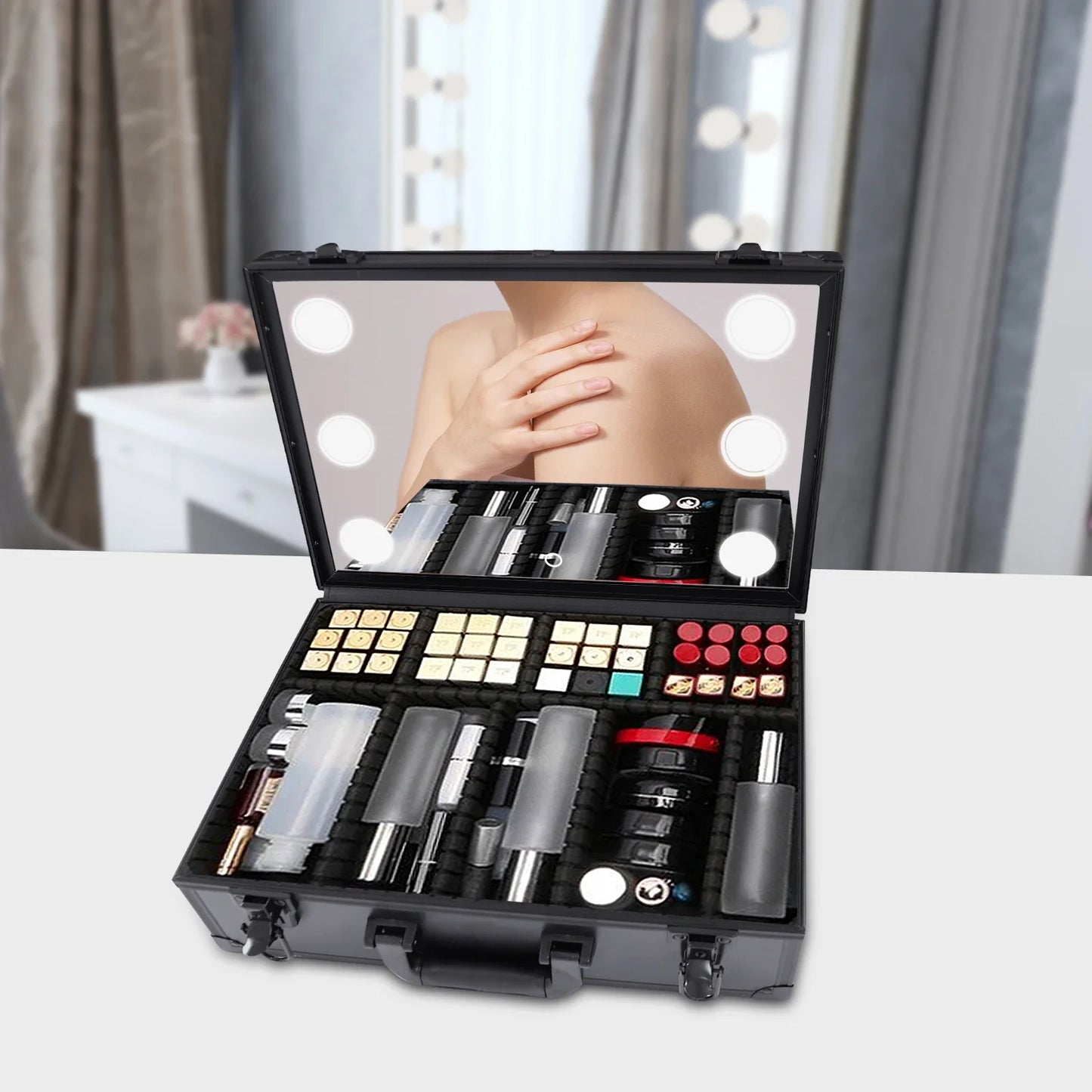 Cosmetic Case With LED Mirror Travel Makeup Box For Women