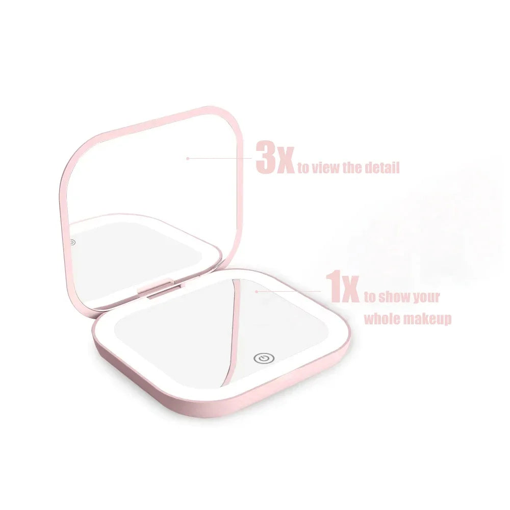 Compact Mini Vanity Mirror With Lights Portable 2X Magnification