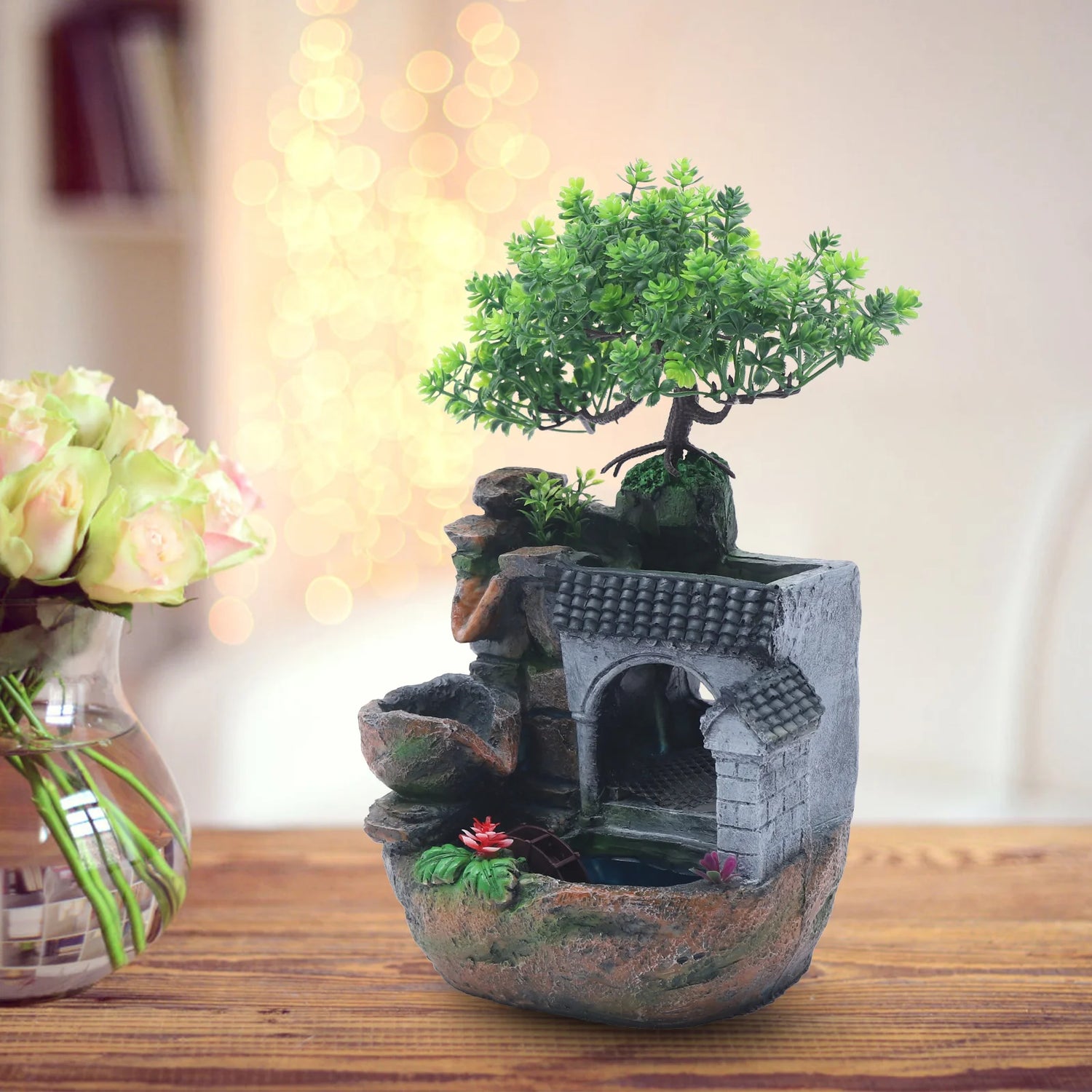 Tabletop Water Fountain with LED Light, Desktop Ornaments Resin Rockery Ornament for Office Living Room Desk Decor by Home for Health and Beauty