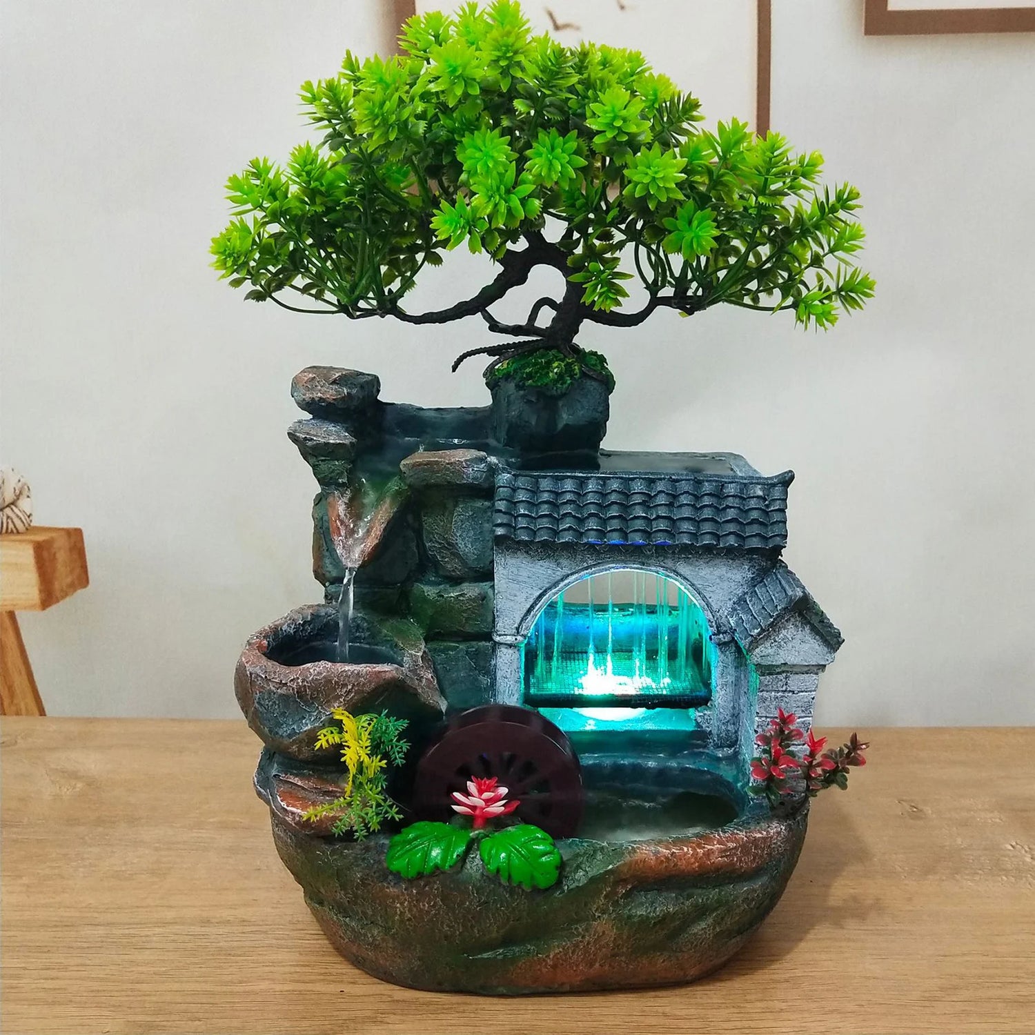 Tabletop Water Fountain with LED Light, Desktop Ornaments Resin Rockery Ornament for Office Living Room Desk Decor by Home for Health and Beauty