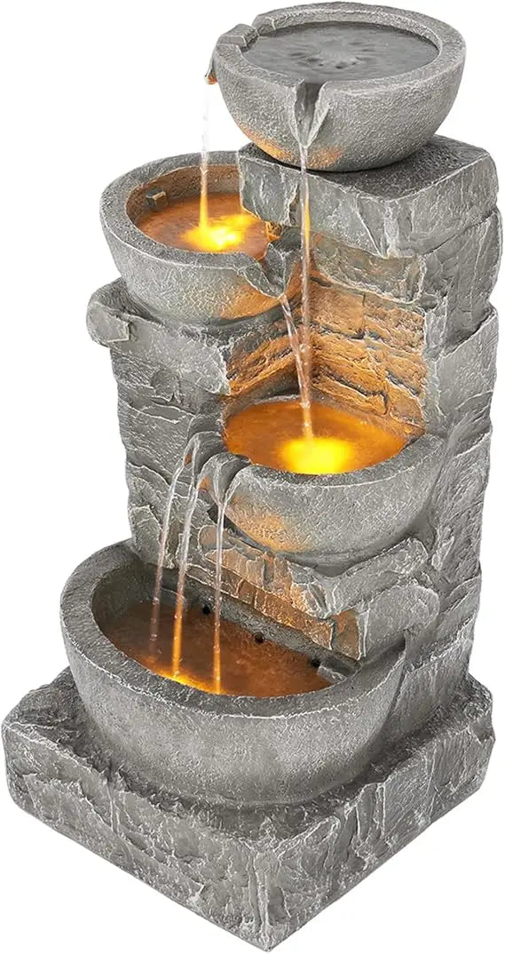 Cascading Bowls and Stacked Stones LED Outdoor Water Fountain by Home for Health and Beauty