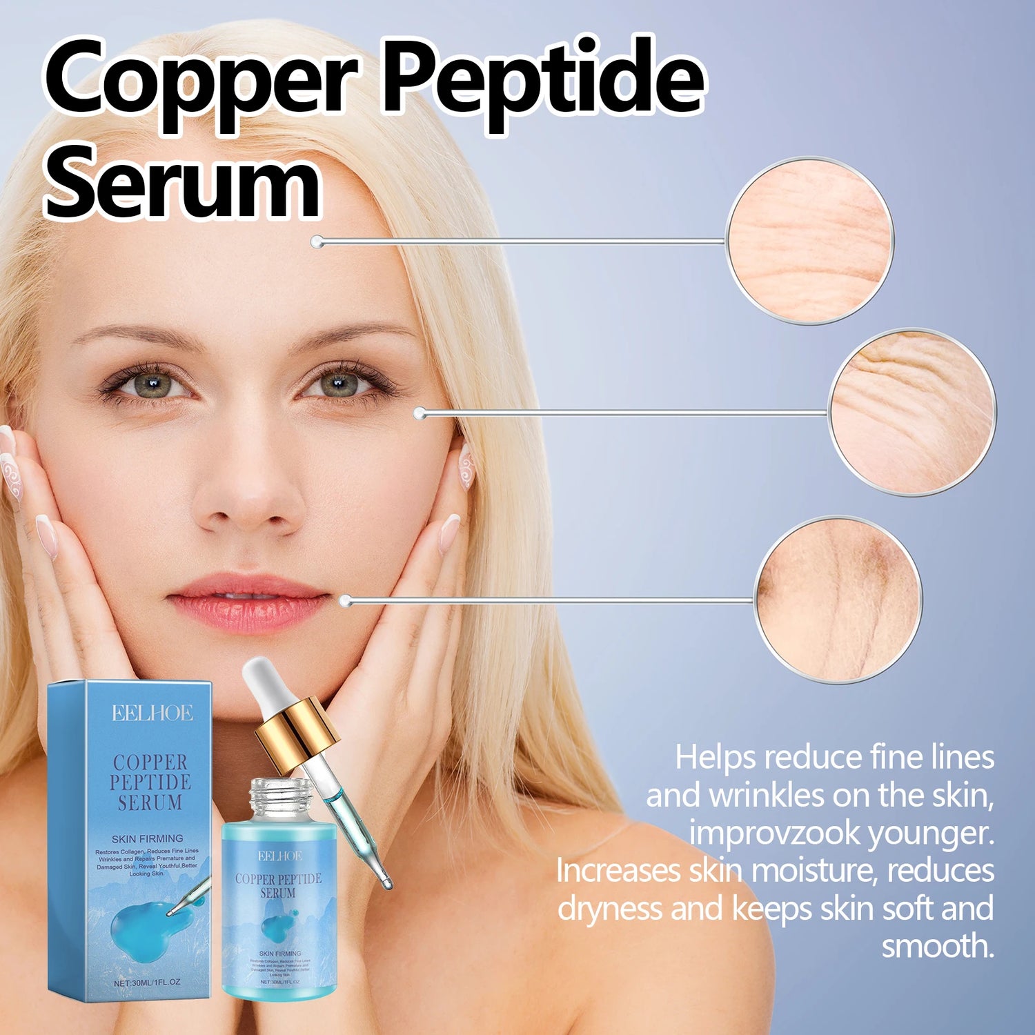 EELHOE Copper Peptide 30ml Facial Serum Moisturizing Firming Face Skin Increase Elasticity Anti Wrinkle Lines Daily Facial Care by Home for Health and Beauty