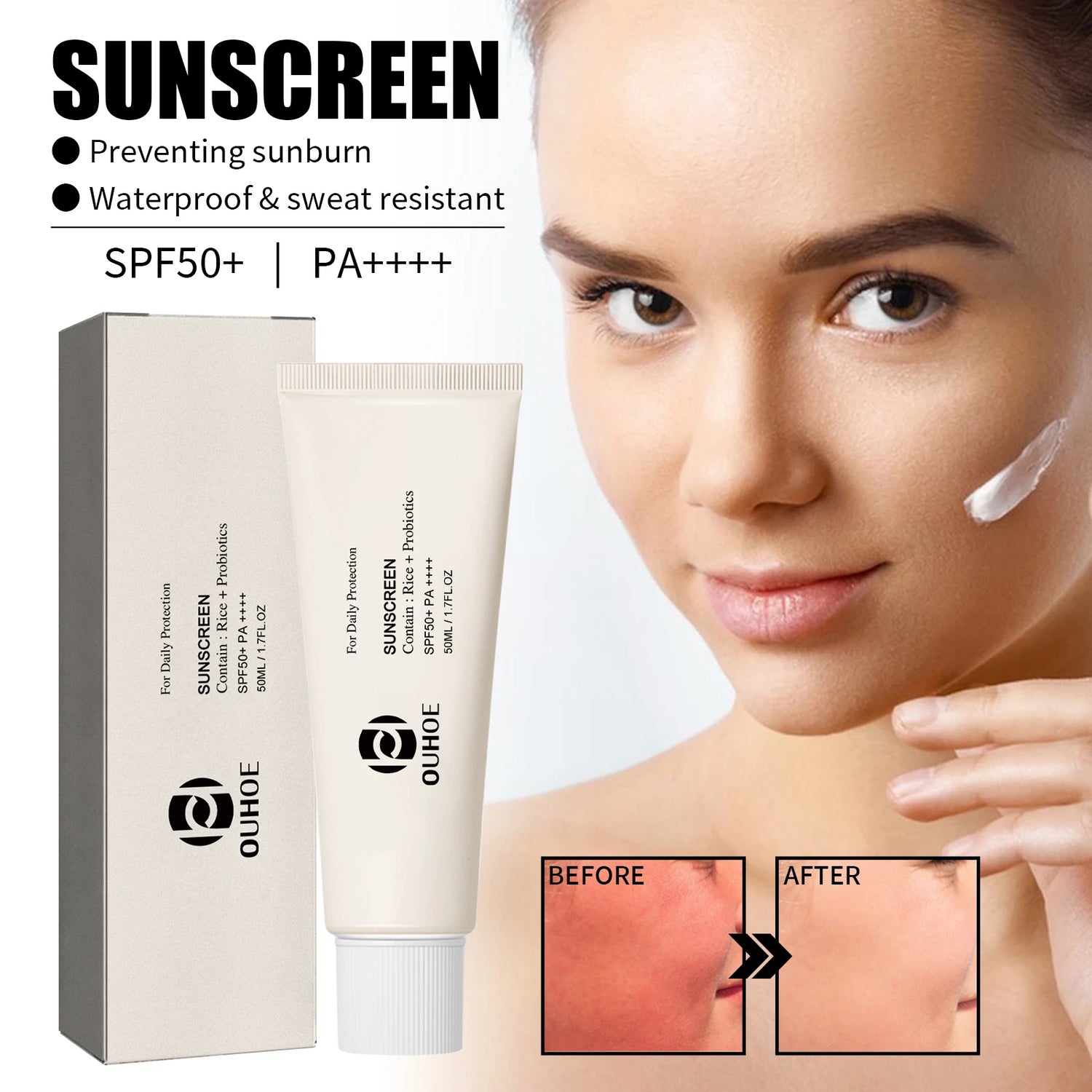 Ouhoe SPF 50 Face Sunscreen Probiotic Brightening Cream by Home for Health and Beauty