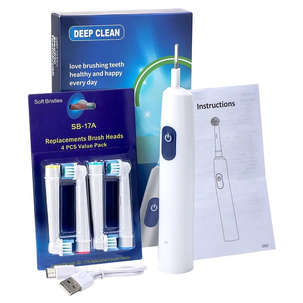 US Stock Round Rotating Electric Toothbrush for Adults Soft Bristles 5 Cleaning Modes USB Rechargeable, with 4 Replacement Heads by Home for Health and Beauty