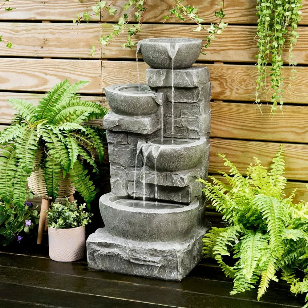 Cascading Bowls and Stacked Stones LED Outdoor Water Fountain by Home for Health and Beauty