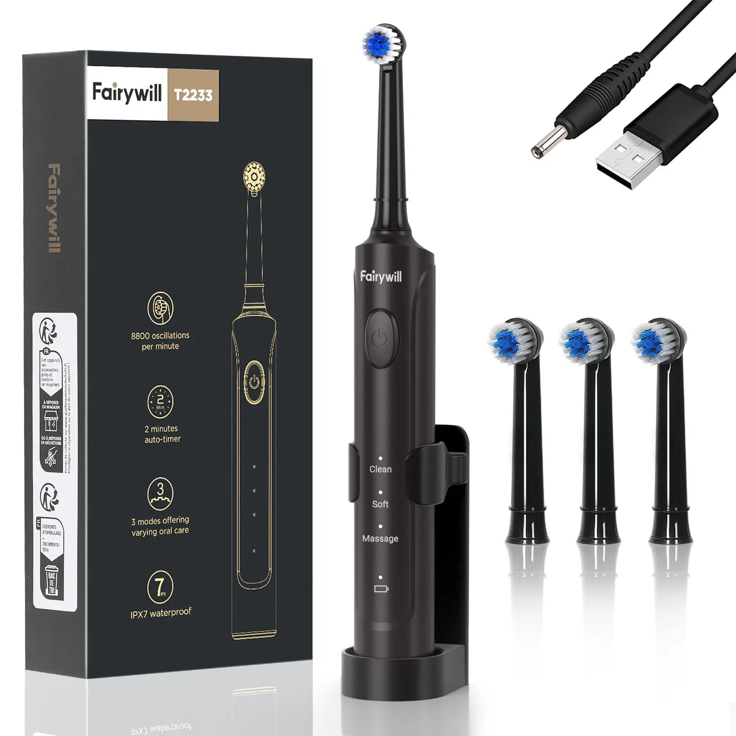 Fairywill Electric Toothbrush T2233Powerful Rotation Cleaning 4 Replacement Heads Rechargeable Sonic Toothbrush for Adults by Home for Health and Beauty