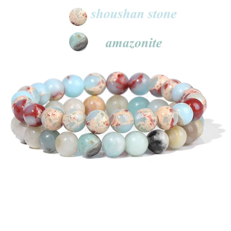 2Pcs Colorful Natural Stone Bead Bracelet Set 8MM Natural Agates Turquois Amethysts Quartzs Gem Stretch Bangle Jewelry Gift by Home for Health and Beauty