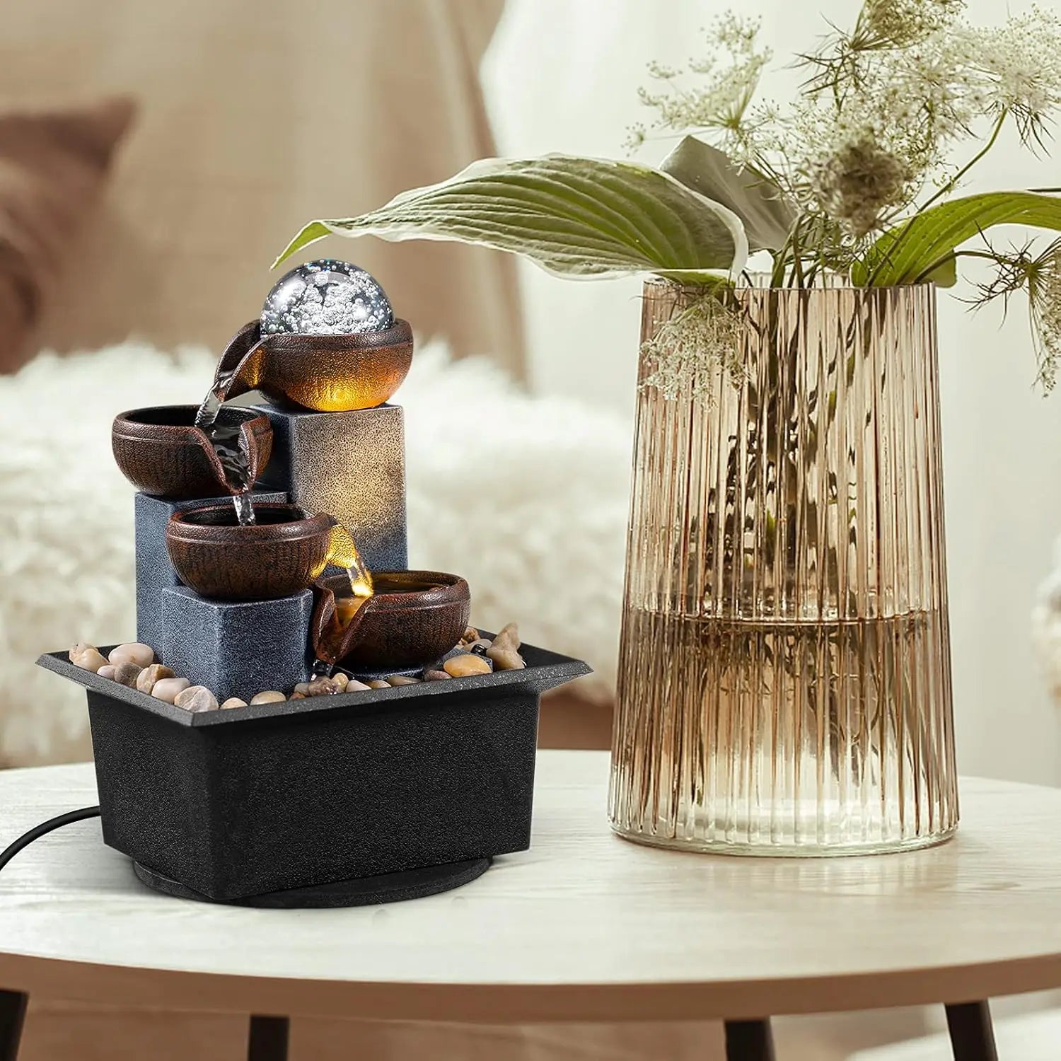 4-Tier Tabletop Waterfall Fountain with LED Lights and Natural Rocks for Home Office Relaxation by Home for Health and Beauty