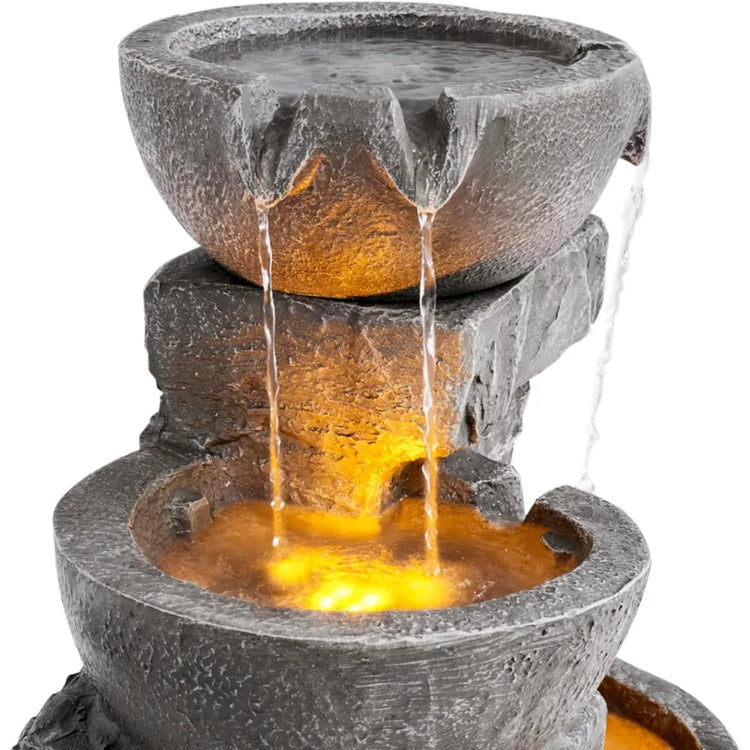 Cascading Bowls and Stacked Stones LED Outdoor Water Fountain by Home for Health and Beauty