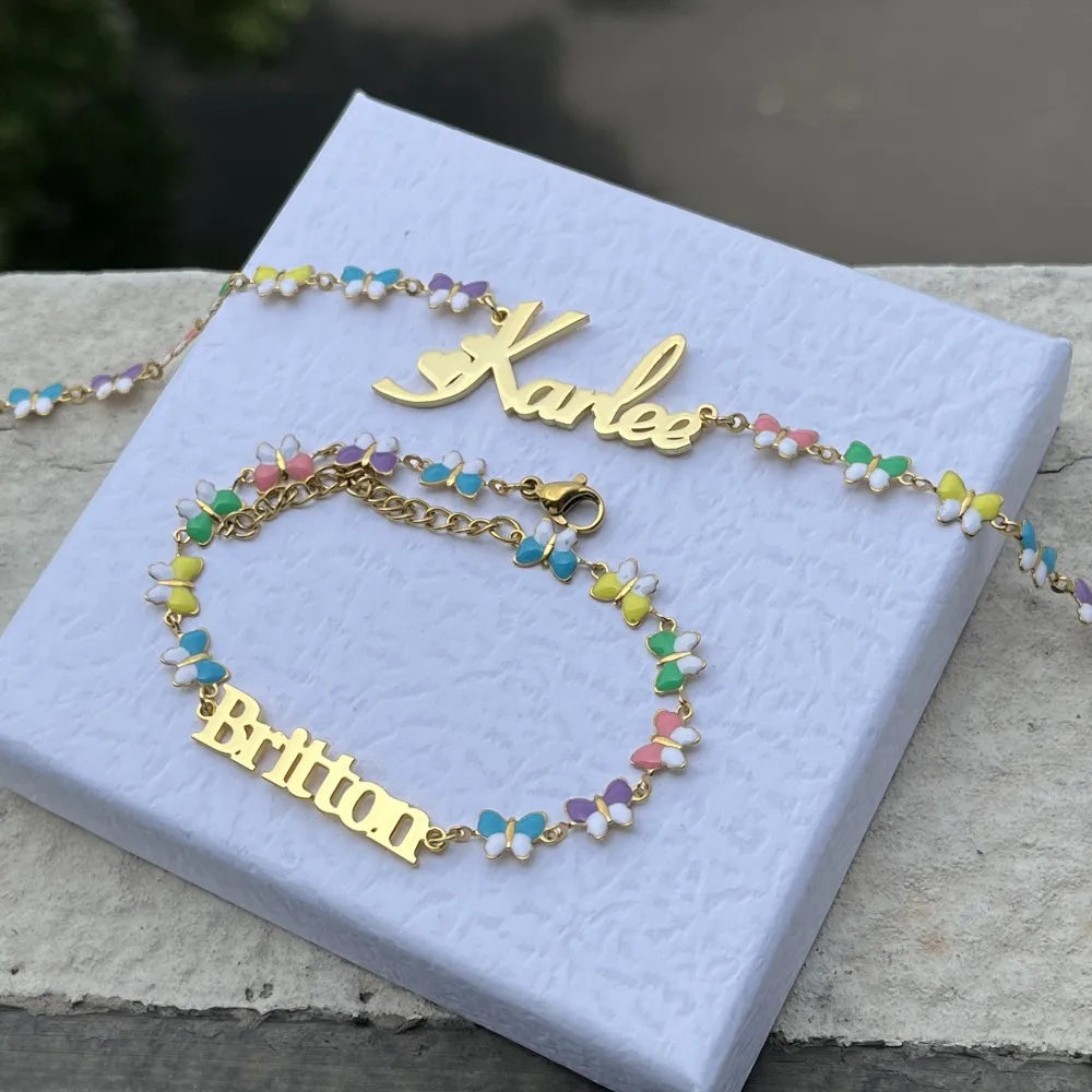 Custom Name Butterfly Necklace And Bracelet Set