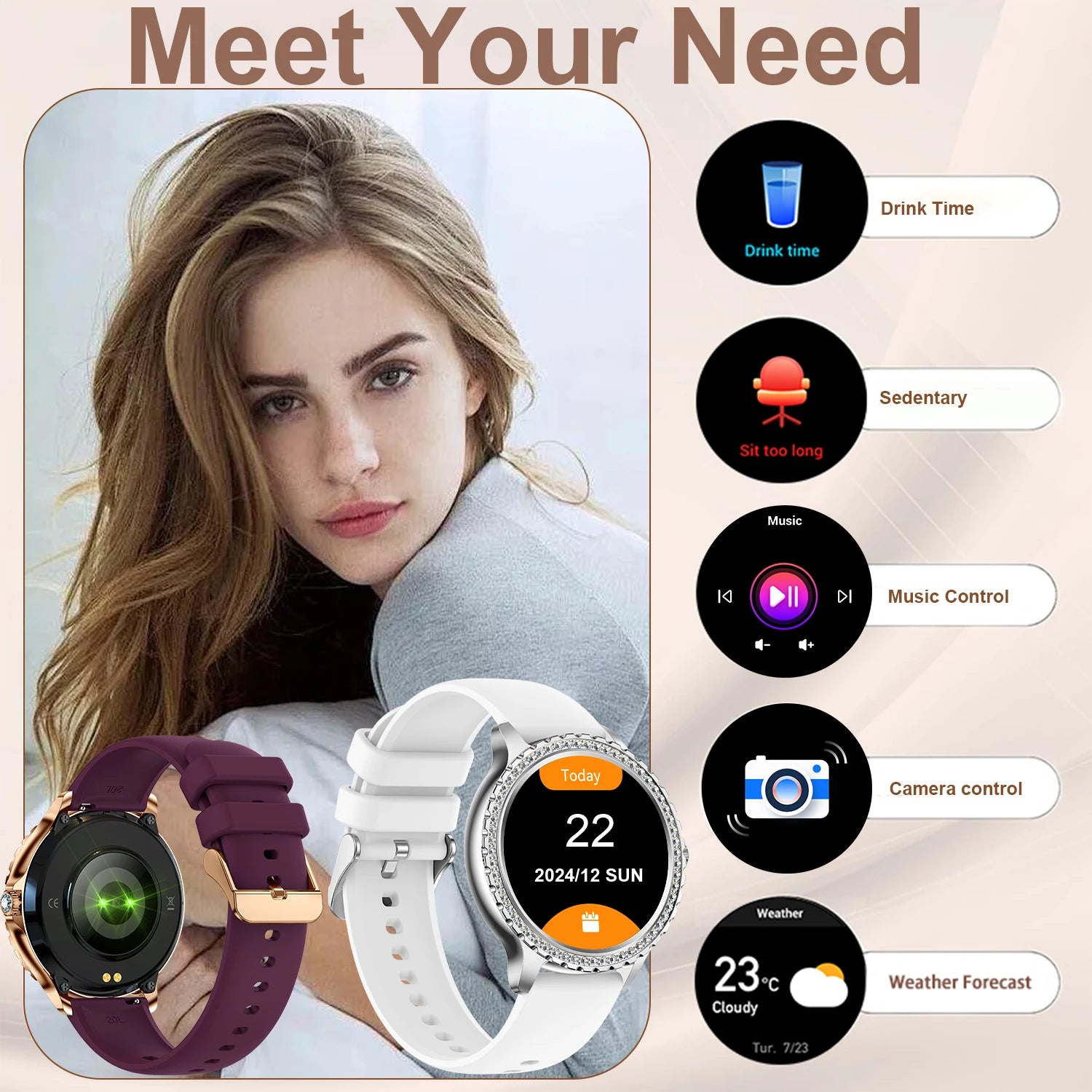 Smart Watch For women - 1.32" Touchscreen Fitness Tracker with Wireless Calls, Music Time Display, Step Counting by Home for Health and Beauty