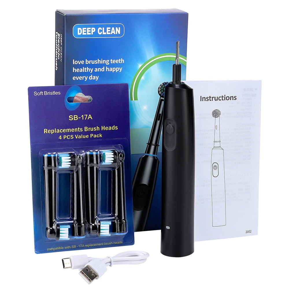 US Stock Round Rotating Electric Toothbrush for Adults Soft Bristles 5 Cleaning Modes USB Rechargeable, with 4 Replacement Heads by Home for Health and Beauty