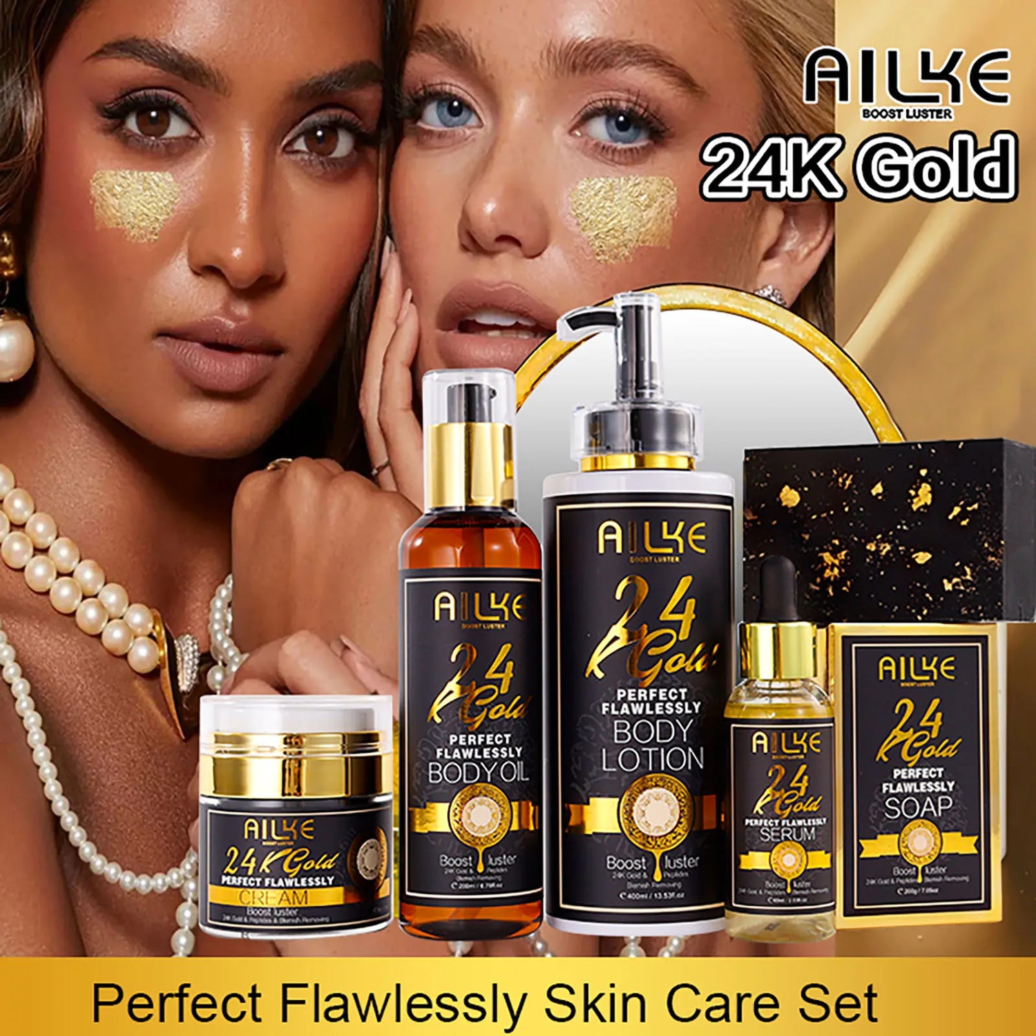 AILKE 24K Glod Flawlessly Skin Care Range, Skin Whitener, Reduce Dark Spots, Melanin, Wrinkles, Moisturize, For Women & Men by Home for Health and Beauty