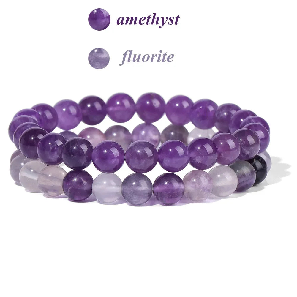 2Pcs Colorful Natural Stone Bead Bracelet Set 8MM Natural Agates Turquois Amethysts Quartzs Gem Stretch Bangle Jewelry Gift by Home for Health and Beauty