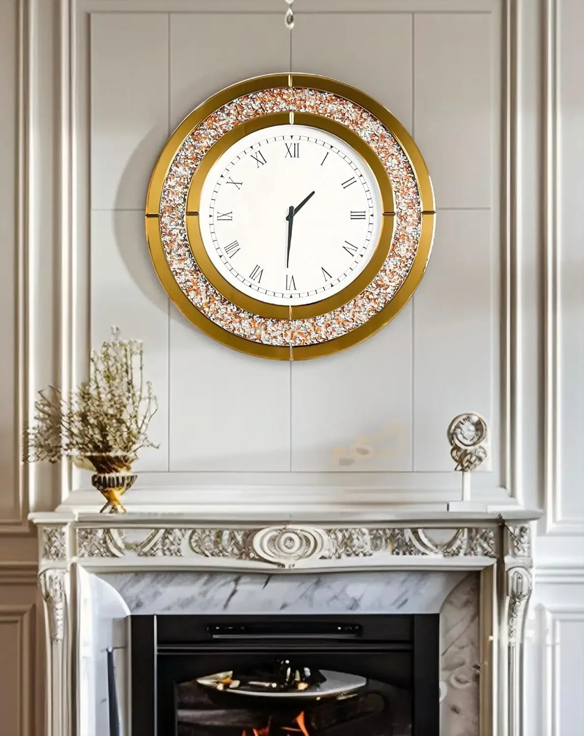 Crushed Diamond Wall Clock Round Decorative Mirrored Clock 24 inch Brown by Home for Health and Beauty