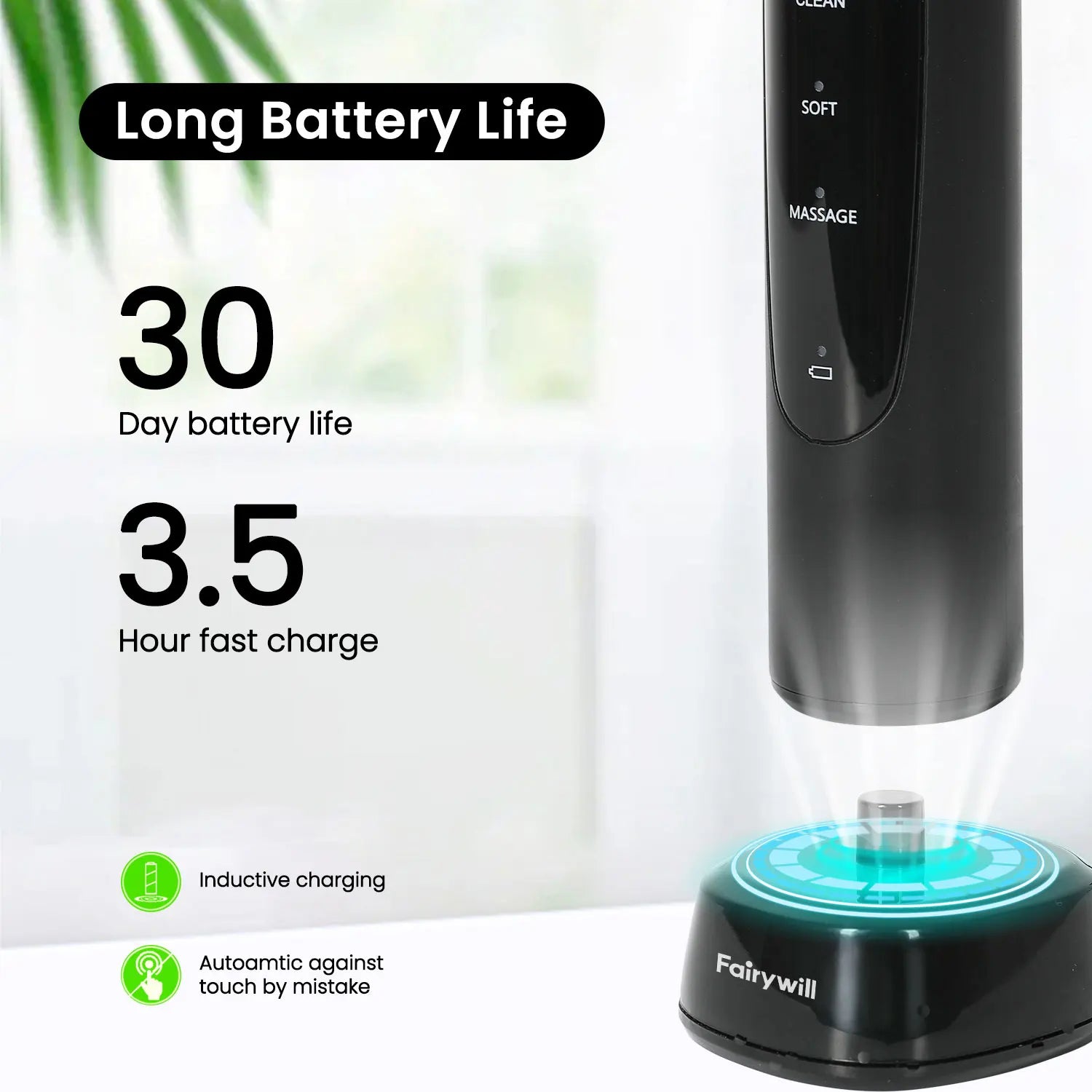 Fairywill Electric Toothbrush T2233Powerful Rotation Cleaning 4 Replacement Heads Rechargeable Sonic Toothbrush for Adults by Home for Health and Beauty