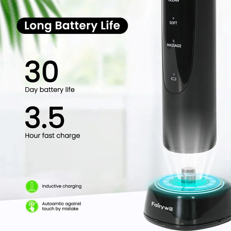 Fairywill Electric Toothbrush T2233Powerful Rotation Cleaning 4 Replacement Heads Rechargeable Sonic Toothbrush for Adults by Home for Health and Beauty