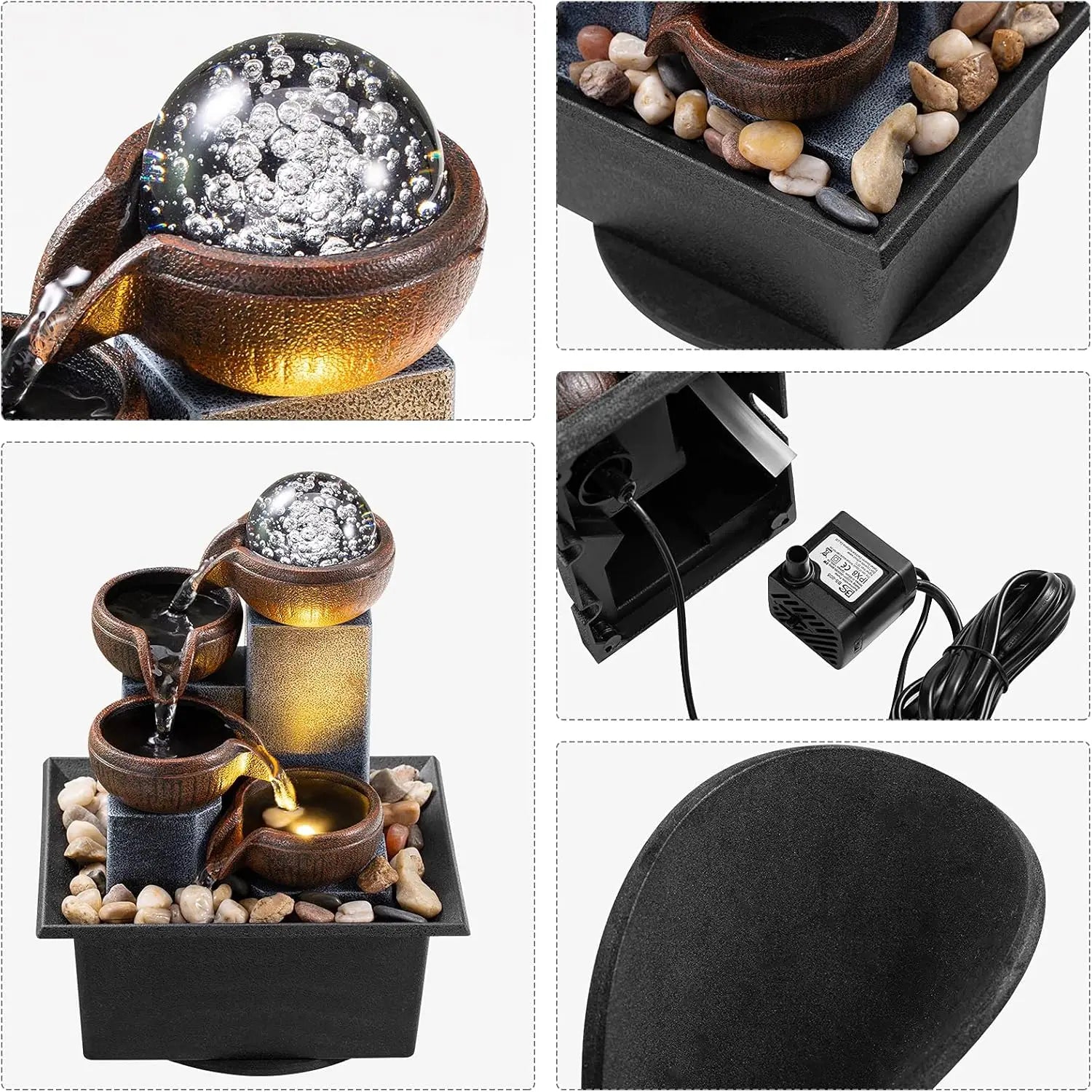 4-Tier Tabletop Waterfall Fountain with LED Lights and Natural Rocks for Home Office Relaxation by Home for Health and Beauty