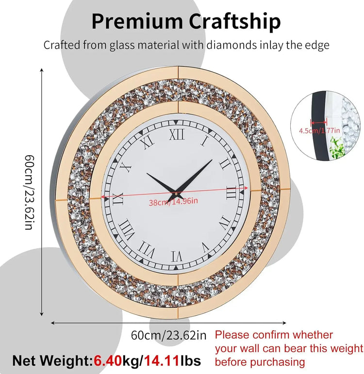 Crushed Diamond Wall Clock Round Decorative Mirrored Clock 24 inch Brown by Home for Health and Beauty