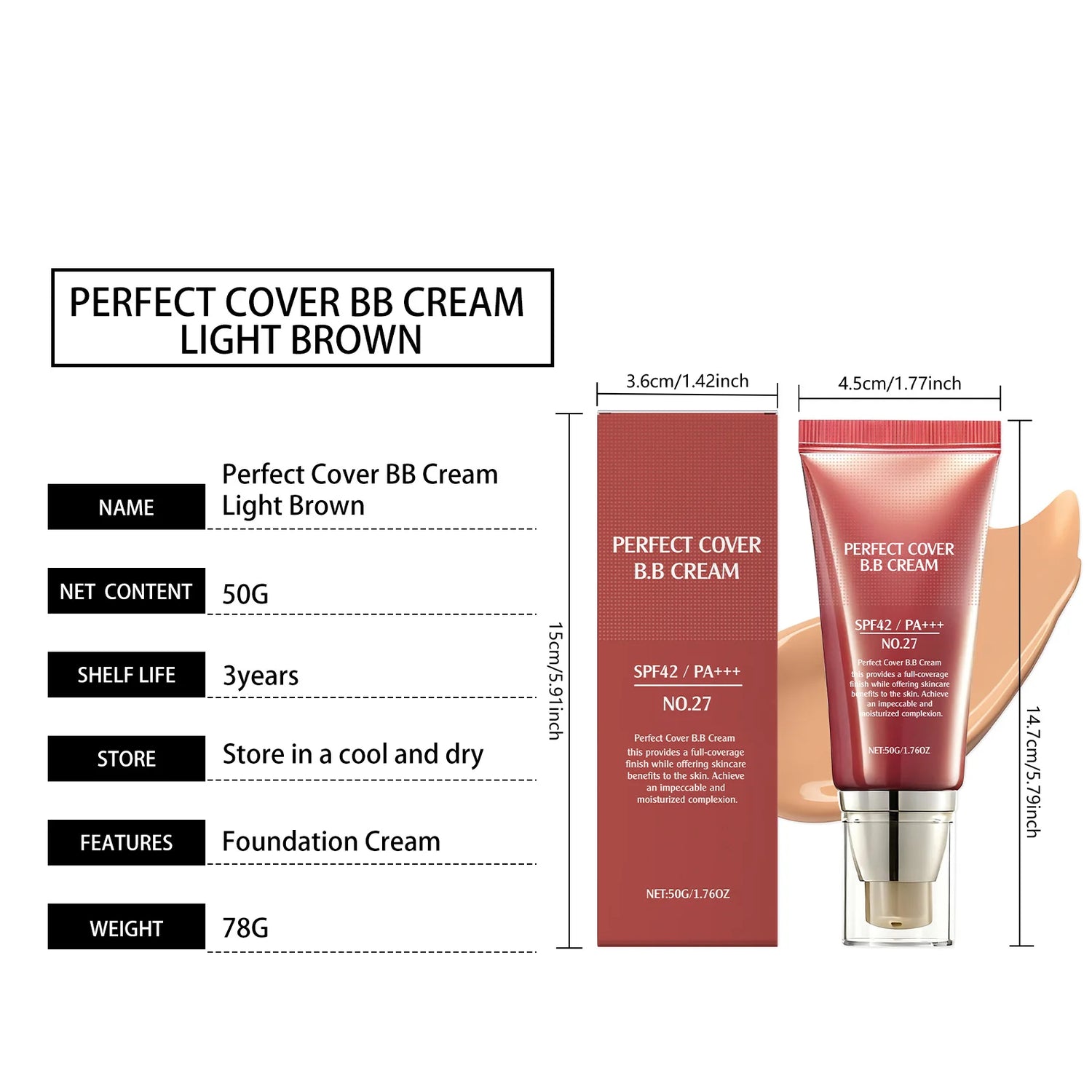 Perfect Cover Bb Cream Brightens Complexion Covering Skin Blemishes Lasting Lightweight Hydrates Moisturize Concealer Corrector by Home for Health and Beauty