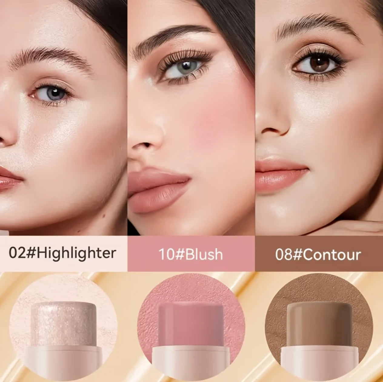 contour stick set 3-piece , including blush stick, highlighter stick, bronzer stick, and eyeliner, refreshing and non-greasy, wat by Home for Health and Beauty