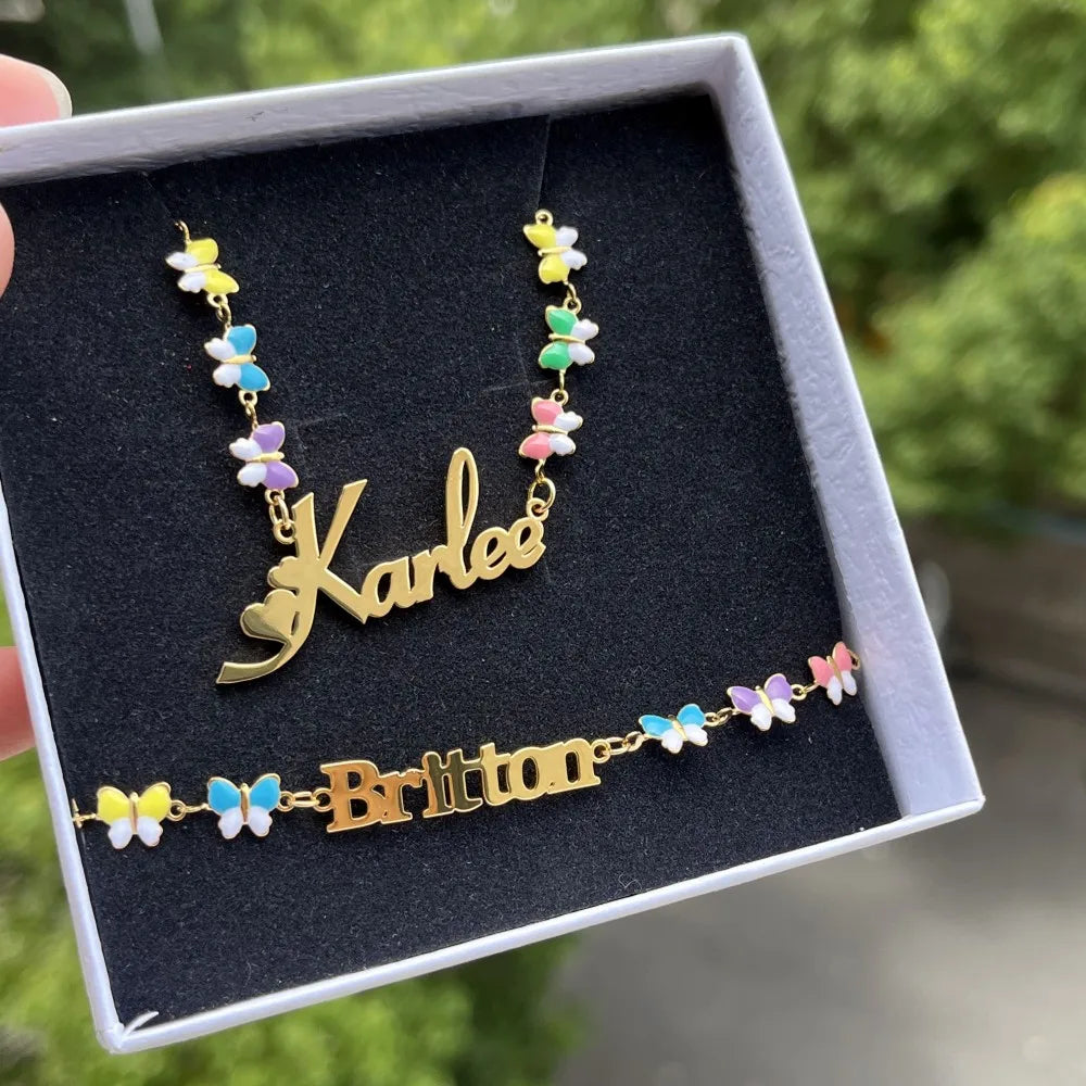 Custom Name Butterfly Necklace And Bracelet Set