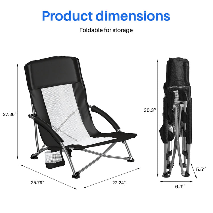 Camping Beach Chair Portable Lightweight Low Mesh Back Padded Armrests Folding Beach Chair with Cup Holder Storage Pocket for Camp Picnic Lawn by Home for Health and Beauty