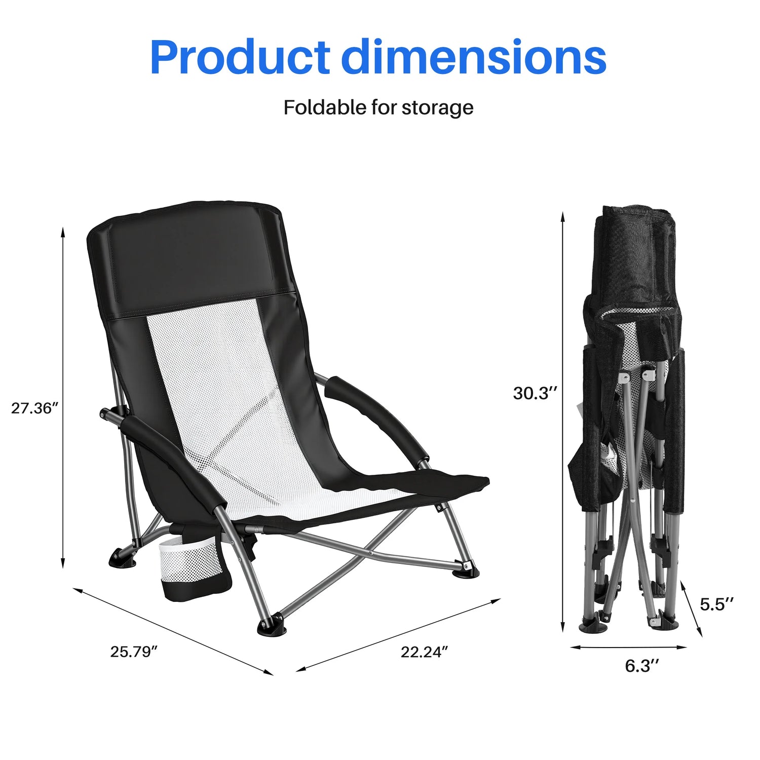 Camping Beach Chair Portable Lightweight Low Mesh Back Padded Armrests Folding Beach Chair with Cup Holder Storage Pocket for Camp Picnic Lawn by Home for Health and Beauty