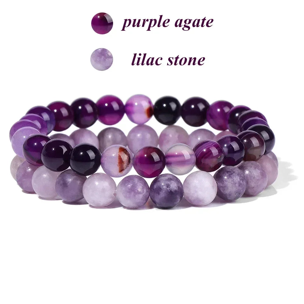 2Pcs Colorful Natural Stone Bead Bracelet Set 8MM Natural Agates Turquois Amethysts Quartzs Gem Stretch Bangle Jewelry Gift by Home for Health and Beauty