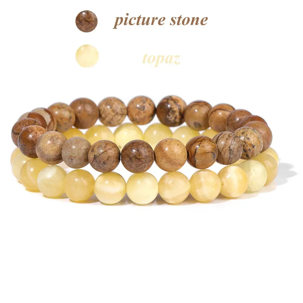 2Pcs Colorful Natural Stone Bead Bracelet Set 8MM Natural Agates Turquois Amethysts Quartzs Gem Stretch Bangle Jewelry Gift by Home for Health and Beauty
