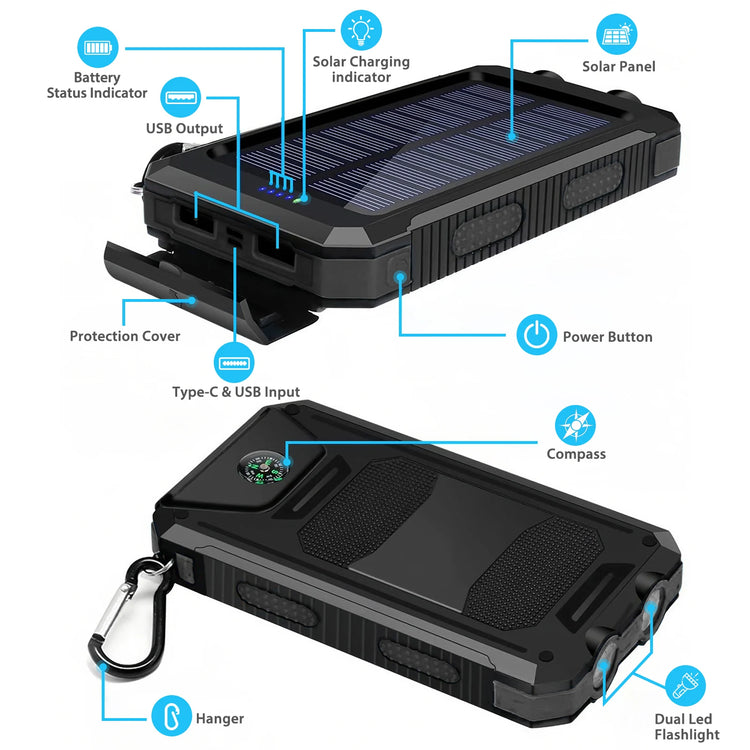 Solar Power Bank Portable Dual 30000mAh 5V USB Ports 2 LED Light Flashlight Fast Charging for iPhone Samsung Tablets by Home for Health and Beauty