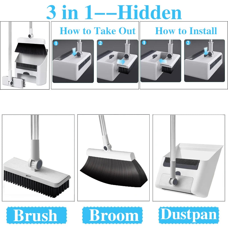 3in 1 Broom and Dustpan Set Floor Brush Long-handled Broom And Dustpan For Home Office School Dorm by Home for Health and Beauty