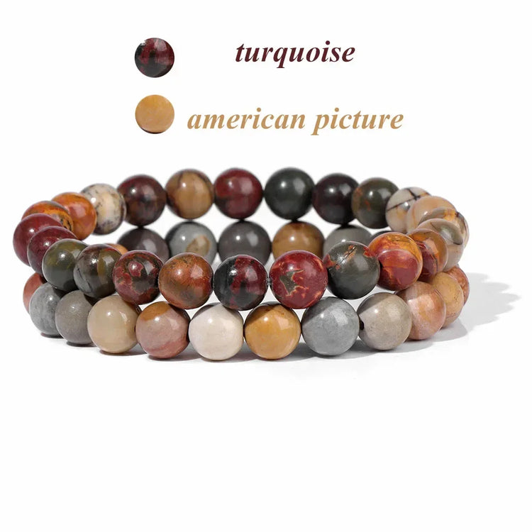 2Pcs Colorful Natural Stone Bead Bracelet Set 8MM Natural Agates Turquois Amethysts Quartzs Gem Stretch Bangle Jewelry Gift by Home for Health and Beauty