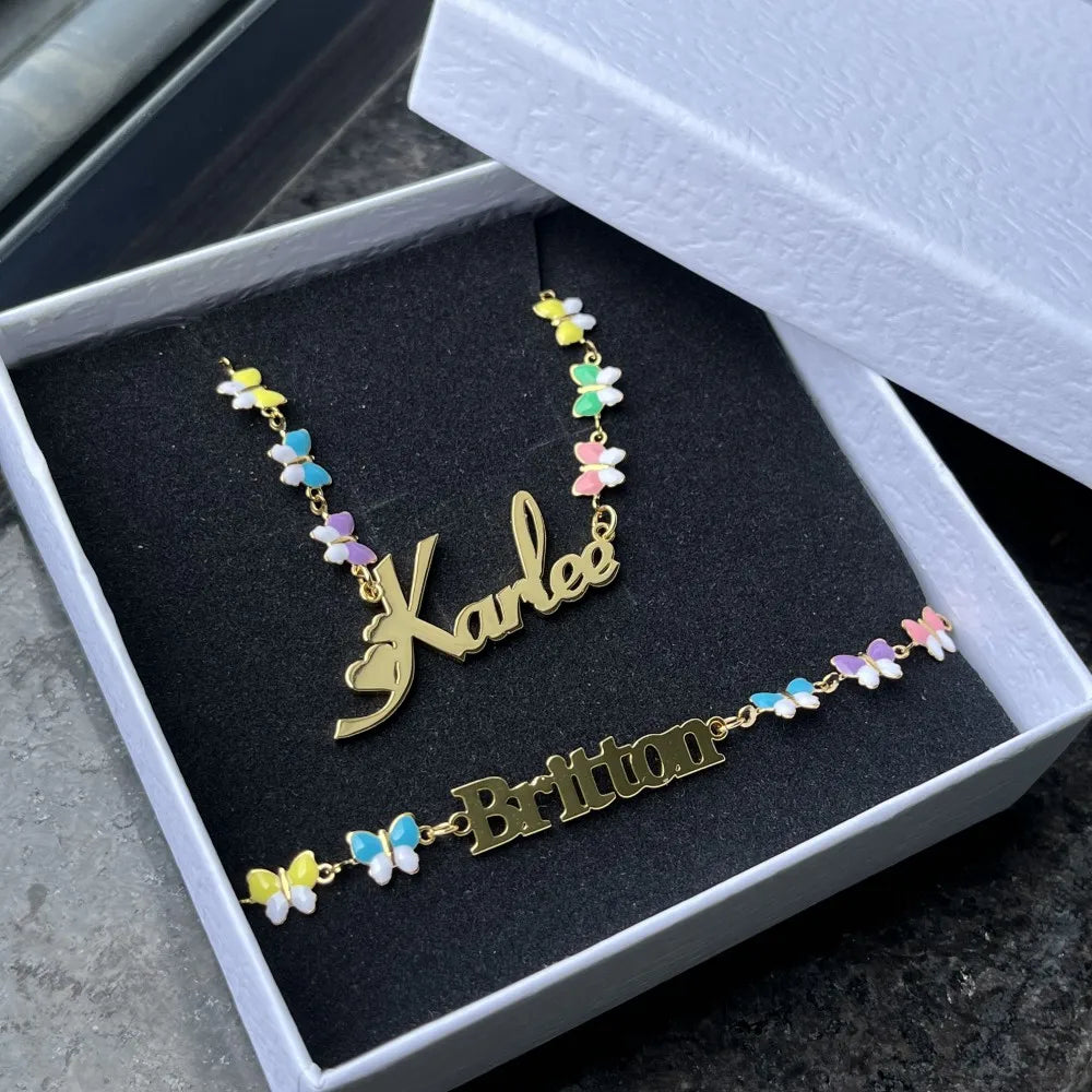Custom Name Butterfly Necklace And Bracelet Set