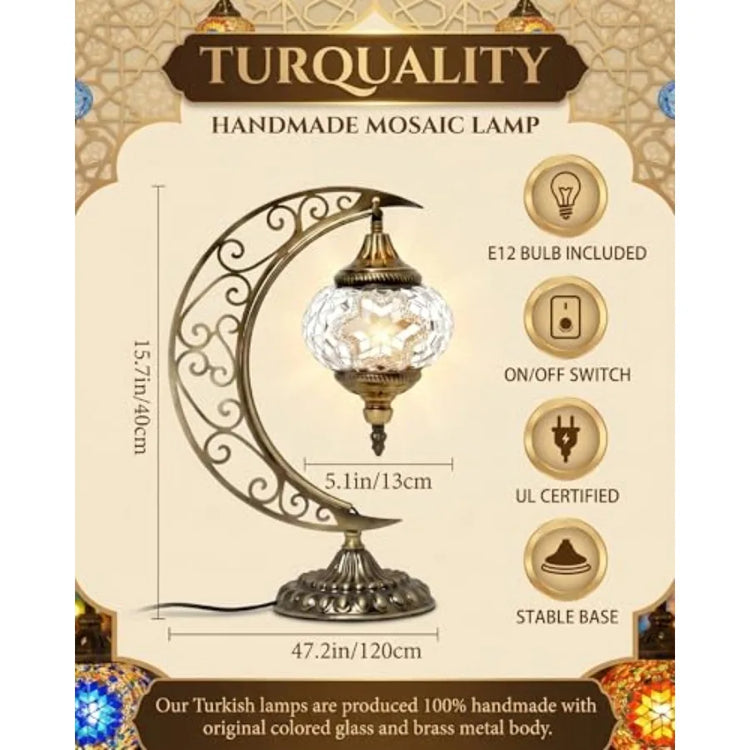 Turkish Mosaic Moon Lamp - Handmade Stained Glass Table Lamp with Metal Crescent Base, Bohemian Moroccan Bedside Night Light fo by Home for Health and Beauty