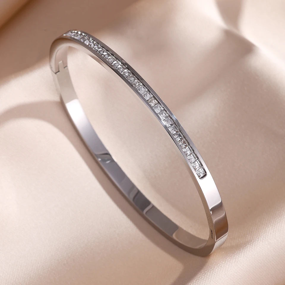 Sparkling Zirconia Inlaid Stainless Steel Bracelet 5/1pcs Set for Women Stackable Bangles Fashion Non Fading Jewelry Gift by Home for Health and Beauty