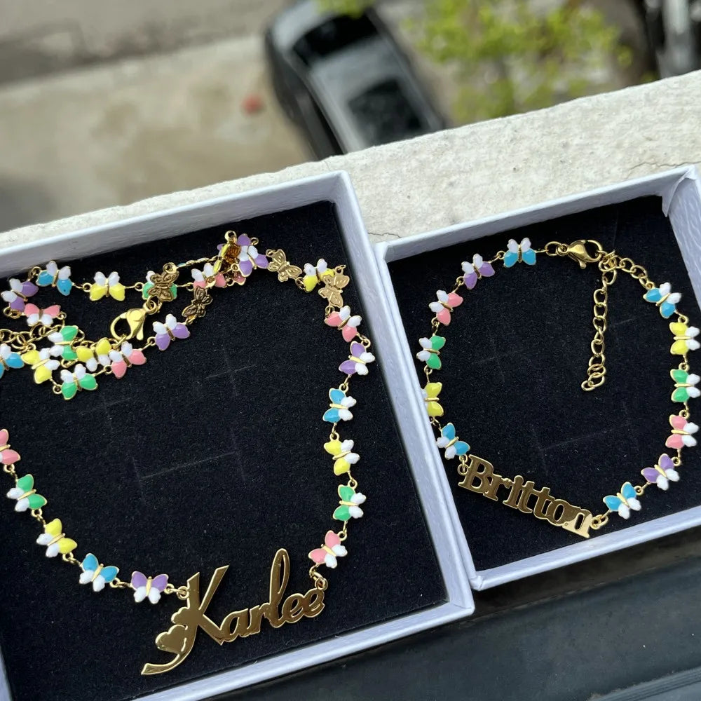 Custom Name Butterfly Necklace And Bracelet Set