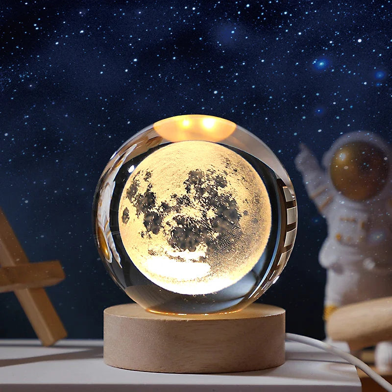 3D Moon Crystal Ball Astronomy Galaxy Solar System Saturn Luminous Balls Snow Glass Globe Night Light Home Desktop Decoration solar system sphere stand globe earth gyro ball planet by Home for Health and Beauty
