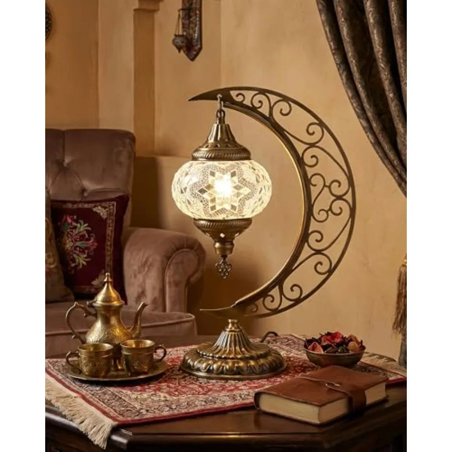 Turkish Mosaic Moon Lamp - Handmade Stained Glass Table Lamp with Metal Crescent Base, Bohemian Moroccan Bedside Night Light fo by Home for Health and Beauty