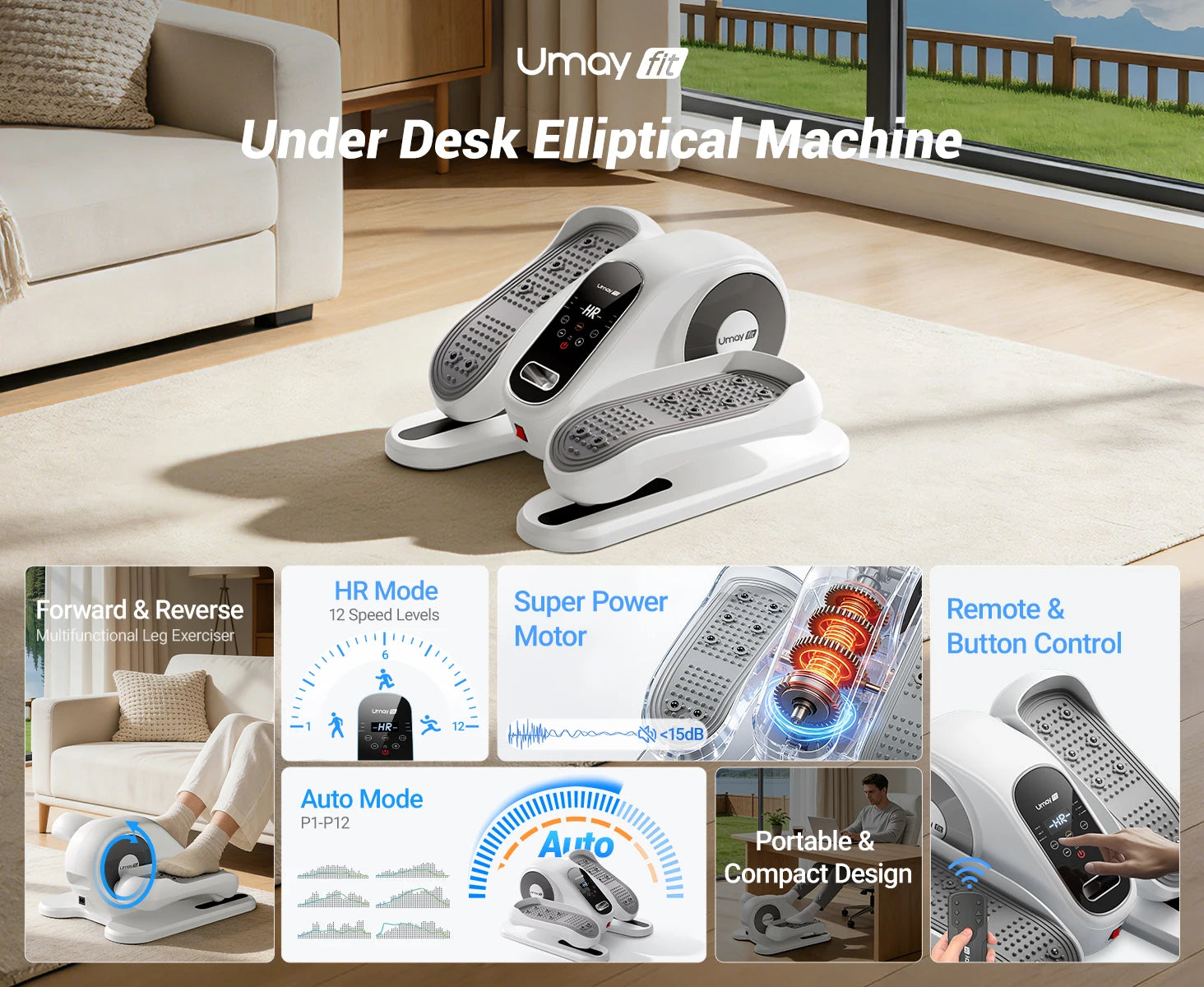 Electric Elliptical Machine Compact Under-Desk 12 Speed Forward Reverse Remote Control Auto Manual Modes for Home Office by Home for Health and Beauty