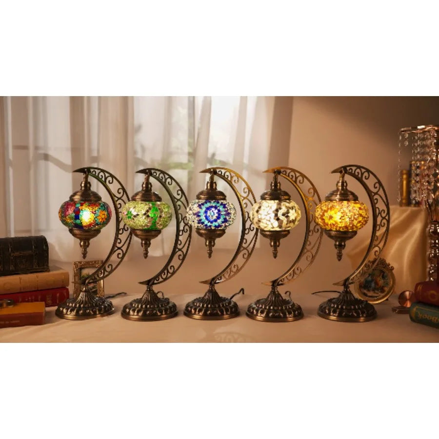 Turkish Mosaic Moon Lamp - Handmade Stained Glass Table Lamp with Metal Crescent Base, Bohemian Moroccan Bedside Night Light fo by Home for Health and Beauty