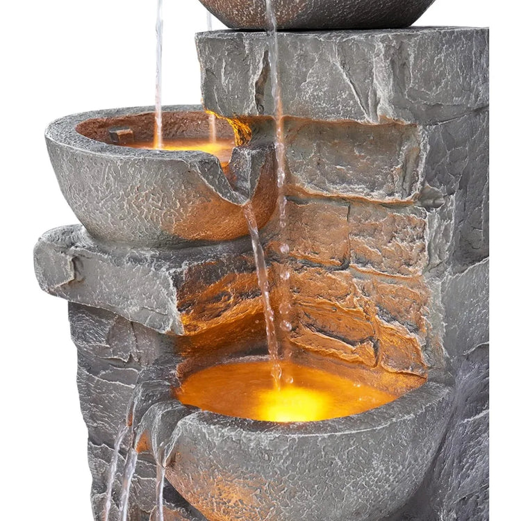 Cascading Bowls and Stacked Stones LED Outdoor Water Fountain by Home for Health and Beauty