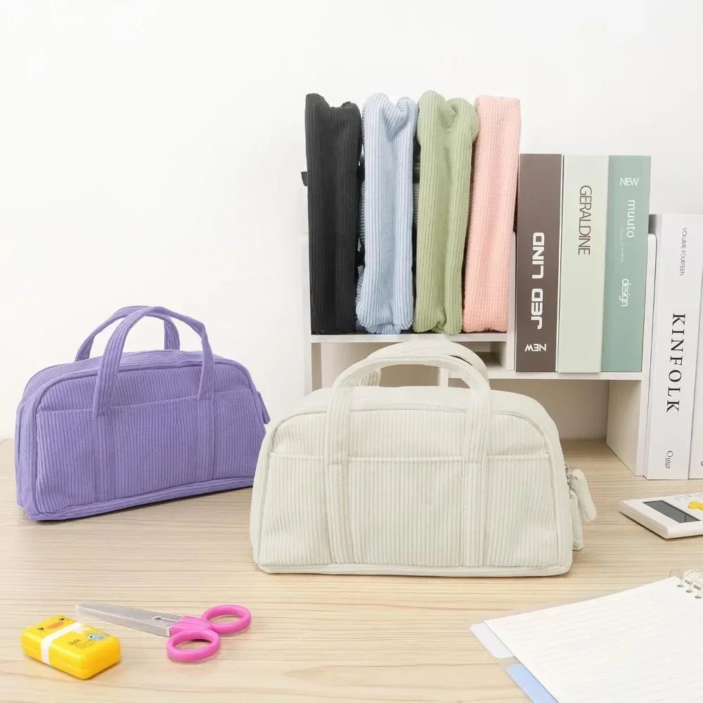 Soft Corduroy Pencil Case With Zipper Organizer